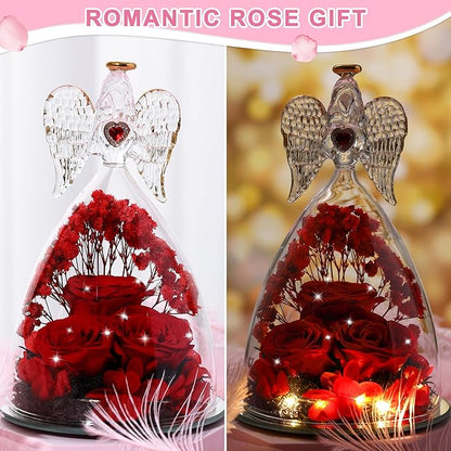Mothers Day Rose Gifts for Women, Large Angel Figurines with Real Roses, Preserved Real Flower Rose for Her, Crystal Red