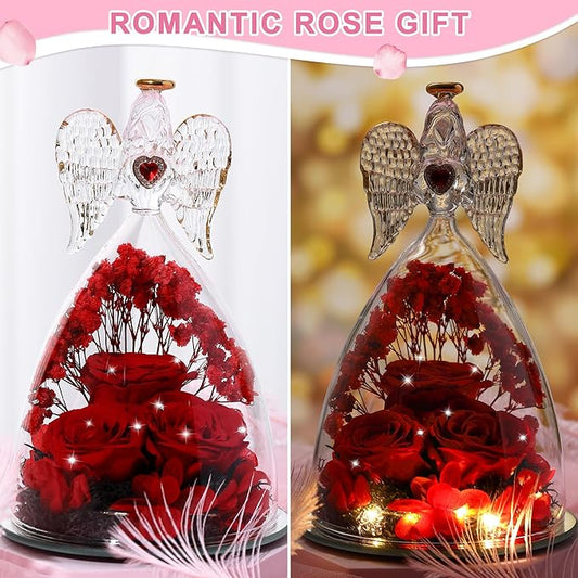 Mothers Day Rose Gifts for Women, Large Angel Figurines with Real Roses, Preserved Real Flower Rose for Her, Crystal Red
