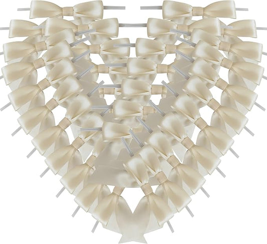 50pcs 3-1/2" Mini Satin Ribbon Bows with Twist Ties for Crafts Cream Color for Gift Wrapping Packing Holiday Candy Decoration (3.5"-Ivory)