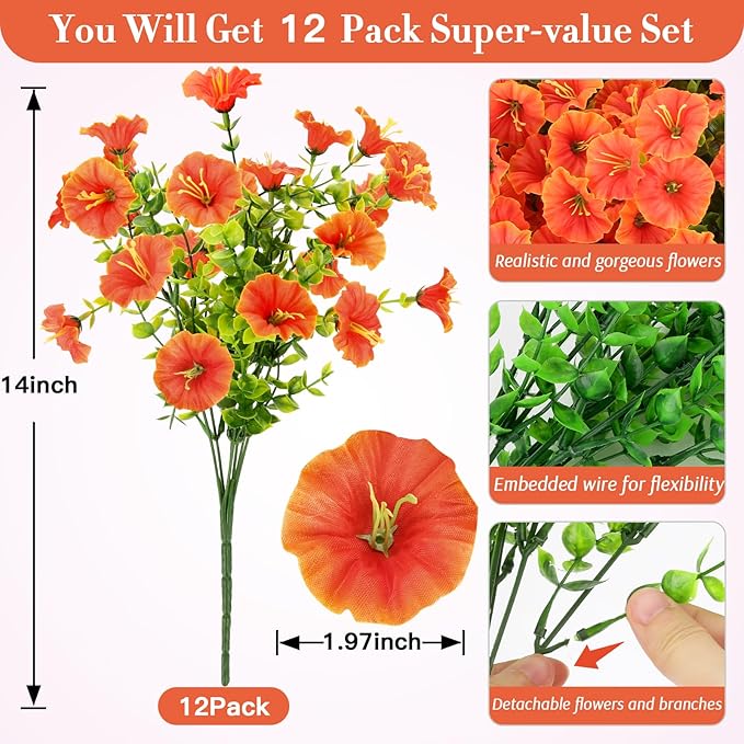 12 Bundles Fall Flowers Artificial for Halloween Decoration, Fake Flowers Artificial Plants Outdoor, Colorful Faux Morning Glory Realistic UV Resistant for Garden Patio Porch Home Decor (Orange)