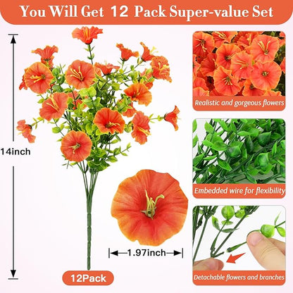 12 Bundles Fall Flowers Artificial for Halloween Decoration, Fake Flowers Artificial Plants Outdoor, Colorful Faux Morning Glory Realistic UV Resistant for Garden Patio Porch Home Decor (Orange)