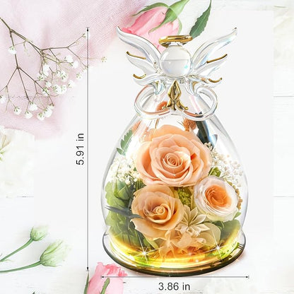 Preserved Rose Christmas Gifts for Women, Forever Flower in Glass Fresh Flowers for Delivery, Real Rose Angel Figurine Decor for Mom, Grandma, Mother’s Day, Valentine’s Day, Birthday, Xmas Gift