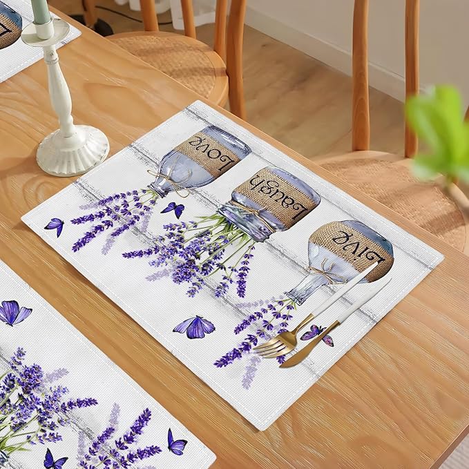 Lavender Flower Placemats Set of 6 Farmhouse Purple Floral Table Mats Washable Place mats for Home Party Indoor Kitchen Dining Table Decoration 12x18 Inch