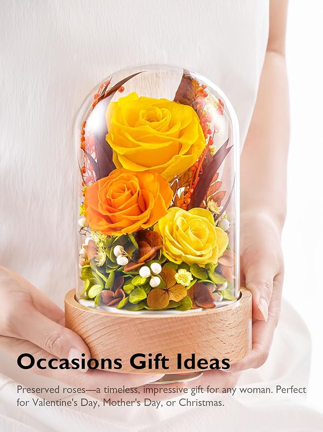 Eterfield Flowers for Delivery Prime, Christmas Preserved Roses Gifts for Women - Forever Flower in Glass Dome Birthday Gifts for Mom Wife Grandma Her Valentine’s Day (Yellow, Cylindrical)