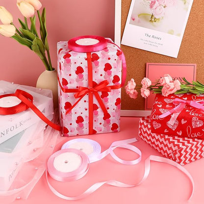 DECYOOL 4 Rolls 100 Yards Valentine’s Day Ribbons for Gift Wrapping, 10mm Wide Valentines Satin Ribbon for Valentine's Day Wedding Holiday Craft Projects