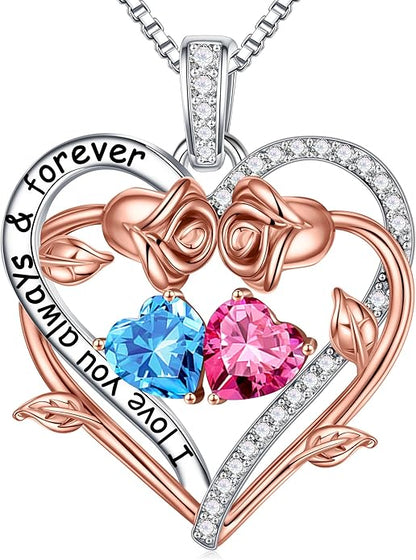 Iefil Rose Heart Double Birthstone Necklace Gifts for Wife Her Mom Women, Birthstone Jewelry Gemstone Birthday Gifts for Girlfriend Grandma Her Wife Women