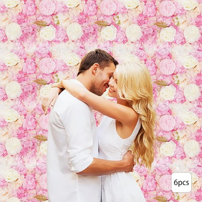 Artificial Flower Wall Panels, 6PCS Dahlia+Rose+Hydrangea Wedding Flower Wall, 3D Floral Panels Artificial Floral WallMat Flower Screen for Photo Party Wedding WallBackground Decor, White+Pink