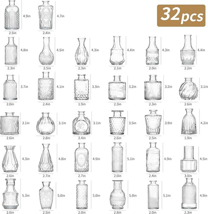 Glass Bud Vase Set of 32 Pcs, Vintage Clear Small Glass Vases for Flowers, Glass Bud Vases in Bulk, Mini Vase for Centerpieces, Wedding, Home Decor and Events