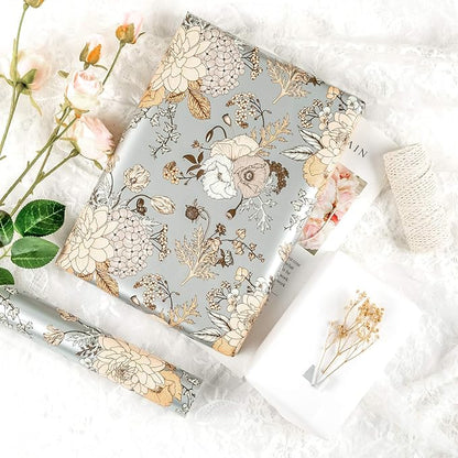 WRAPAHOLIC 30 Inch Floral Wrapping Paper - 30 Inch X 33 Feet - Pearlized Silver Vintage Floral Wedding Wrapping Paper for Birthday, Bridal Shower, Baby Shower