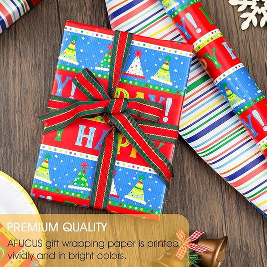 Afucus Reversible Birthday Wrapping Paper, Colorful Birthday Hats and Stripes Themed Gift Wrapping Paper, Cute Mini Rolls for Boys Girls Kids Men and Women, Party, Baby Shower (17 Inch X 33 Feet)