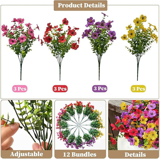 Artificial Flowers Outdoor UV Resistant Fake Plants, 12 Bundles Silk Daisy in Pots for Porch Patio Garden, Faux Potted Home Decor for Outside (Mix Pink, Red, Purple, Yellow)