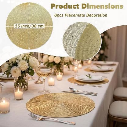 Gold Placemats Set of 6-15 Inch Round PVC Table Mats, Heat-Resistant & Waterproof Washable Place Mats for Dining Table, Elegant Metallic Decor for Holiday Dinner Party Decorations