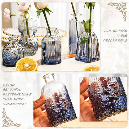 Bud Vases Set of 24, Gradient Blue Vintage Small Vases for Flowers, Clear Crystal Mini Glasses in Bulk, Small Flower Design for Centerpieces Wedding Home Flower Party Decor