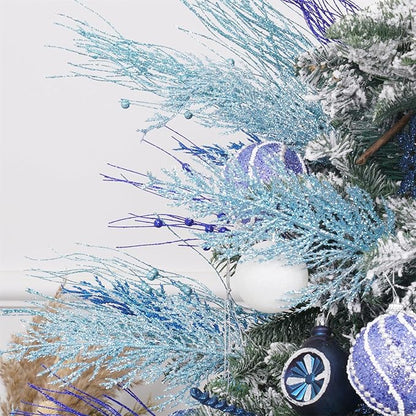 Christmas Glitter Stems 24pcs Artificial Pine Tree Picks for Christmas Tree Ornaments fillers, DIY Xmas Wreath, Crafts, Garland, Holiday, Party, Wedding and Home Decoration (Light Blue)