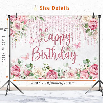Rose Gold Floral Birthday Backdrop Decorations for Women,Glitters Blush Pink Flower Happy Birthday Backdrops Banner Photography Background for Women Girls Bday Party Photo Booth Supplies 7x5ft