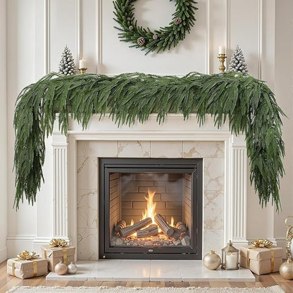 9ft Artificial Christmas Garland, Realistic Norfolk Pine Greenery Garland for Fireplace Mantel, Table, Doorframe, Indoor Outdoor Xmas Holiday Decoration, Real Touch Full Cedar Pine Garland