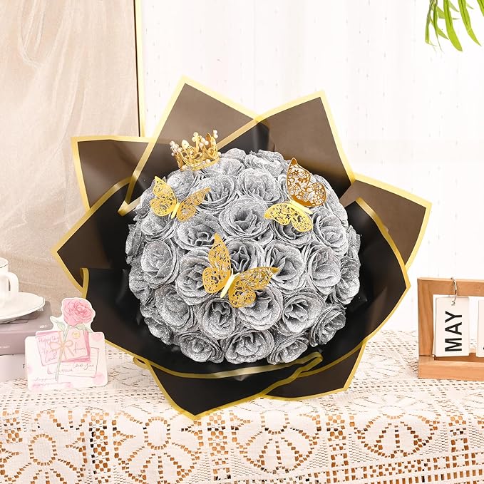 Waipfaru Glitter Roses Bouquet, DIY Fake Flowers Bouquet, Birthday Gifts for Women Mom, 24 Pcs Silver Rose for Grandma Wife Girlfriend Valentines, Mothers Day, Anniversary, Graduation