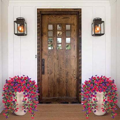 Artificial Hanging Flowers for Outdoor, 2pcs Fake Plants Long Vine Morning Glory Eucalyptus, Spring Summer UV Resistant Realistic Faux Greenery Indoor Outside Patio Porch Garden Decor, Rose Purple