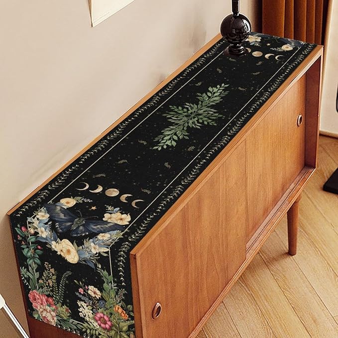 Gothic Moth Table Runner, Boho Vintage Floral Gothic Sun Moon Phase Mystical Witchy Farmhouse Coffee Table Center Decor for Home Kitchen Dining Patio Holiday Party Table Decorations 13x72 inches