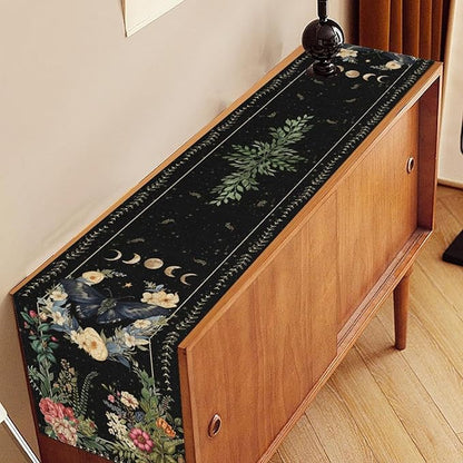 Gothic Moth Table Runner, Boho Vintage Floral Gothic Sun Moon Phase Mystical Witchy Farmhouse Coffee Table Center Decor for Home Kitchen Dining Patio Holiday Party Table Decorations 13x72 inches