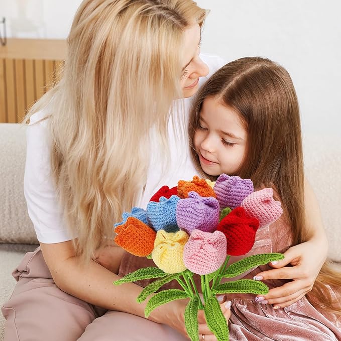 YoungJoy Crochet Rose 12 Pcs Handmade Knitted Flowers Tulip Sunflower Daisy Heart Artificial Knitted Floral Mother Day Graduation Home Decor(Cute Tulip B)