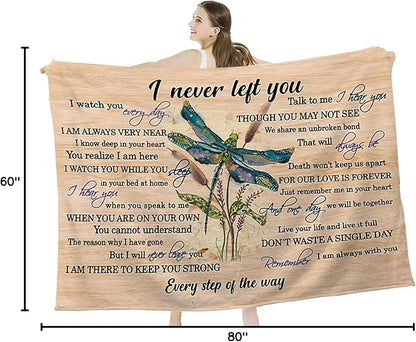Dragonfly Blanket Memorial Sympathy Gifts for Girls Women Loved One I Never Left You Throw Blanket for Kids Adults Soft Warm Cozy Fleece Blanket for Couch Sofa Bed 60"x80"