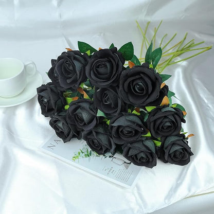 SITUMEIZI 15PCS Black Artificial Roses Silk Flowers Fake Roses Realistic Bouquet Long Stem with Gift Box for Mother's Gift Day Home Party Wedding Decorations