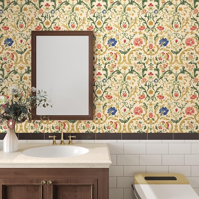 Vintage Peel and Stick Wallpaper Boho Yellow Floral Leaf Wallpaper Colorful Contact Paper 17.5in x 9.8ft Removable Self Adhesive Vinyl Waterproof Paper for Cabinet Bedroom Stairs Kitchen