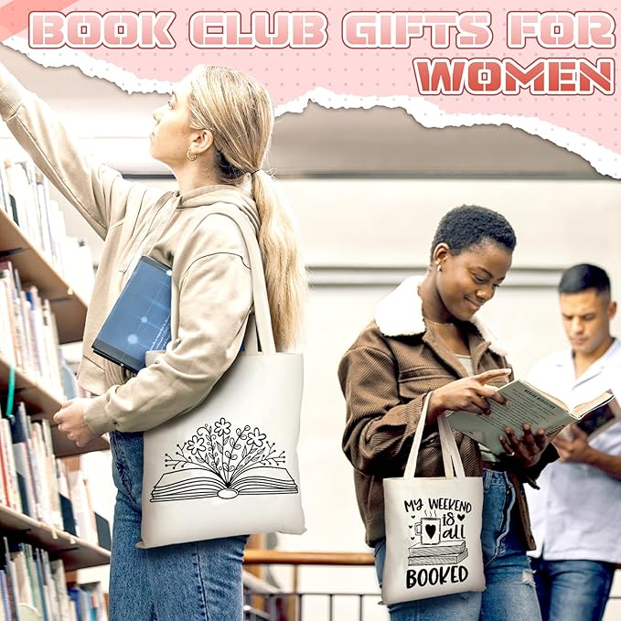 Sweetude 8 Pcs Christmas Book Lovers Club Gifts Bulk Canvas Tote Bags Bookish Librarian Reader Gift for Women Teacher Present(Basic Style)
