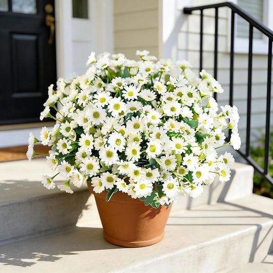 Artificial Daisy Flowers, 8 Bundles UV Resistant Fake Mums for Outdoors, White Silk Fall Flowers for Planters, Porch, Front Door, Garden, Yard, and Indoor Home Decor