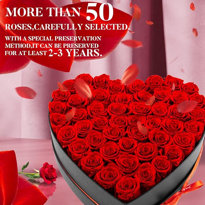50 Forever Flowers, Preserved Rose in Heart Shape Box, Eternal Roses, Birthday Gifts for Women, Wife, Her, Mother's Day -Red
