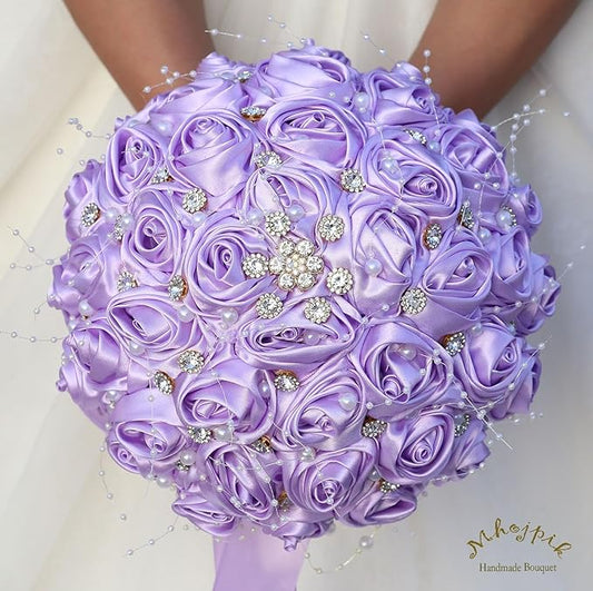 Bridal Wedding Bouquet Round Bling Brooch Bouquet Throw Toss Artificial Rose Flower Bunch for Bride Bridesmaid Wedding Quinceanera(Light Purple, 7.5")