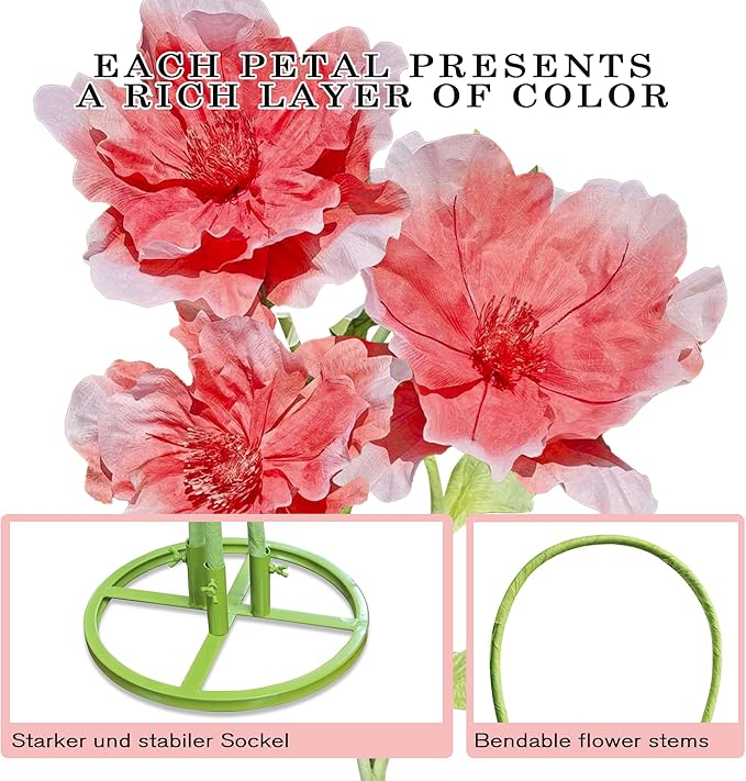 3pc Artificial Giant 3D Flowers Decorations - Huge Adjustable Height Faux Flower for Wedding Birthday Party Shop Window Display Arrangement Event Decoration (Red)
