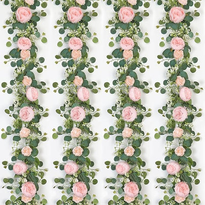 SOMYTING Artificial Flower Garlands Eucalyptus Garlands with Flowers Rose Peony Flower Vine Faux Floral Garland for Wedding Party Arch Table Wall Backdrop Decoration (Light Pink, 4PCS)