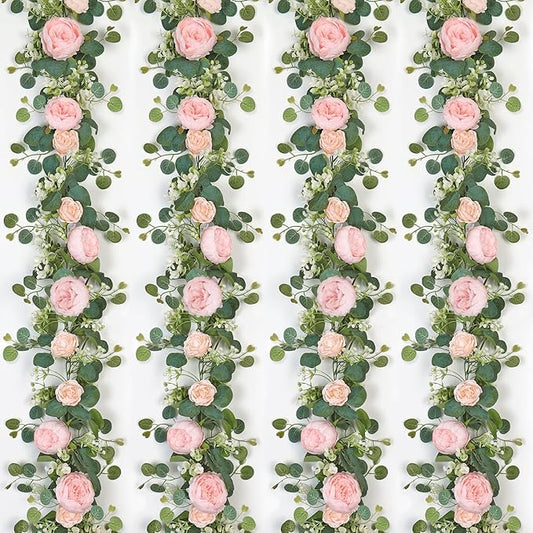 SOMYTING Artificial Flower Garlands Eucalyptus Garlands with Flowers Rose Peony Flower Vine Faux Floral Garland for Wedding Party Arch Table Wall Backdrop Decoration (Light Pink, 4PCS)