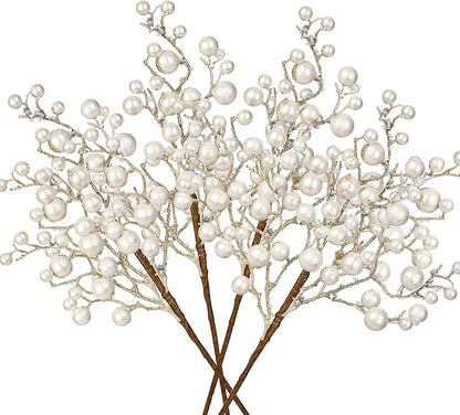 Hollyone 4 Pack Artificial Christmas Glitter Berries Stems, 19 Inch Fake White Holly Berry Picks with Ice Snow for Christmas Tree Wreath Floral Arrangements Holiday Home Vase DIY Crafts Decor