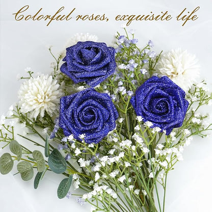 BLEUM CADE 16Pcs Artificial Flowers Fake Roses with Stems, Blue Glitter Boxed Foam Roses for DIY Bouquets Centerpieces Wedding Party Arrangement Bridal Shower Decor