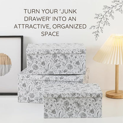 Soul & Lane Decorative Cardboard Storage Boxes For Home Décor - Modern Meadow - Set of 3: Floral Paperboard Nesting Storage With Lids, Memory Boxes For Keepsakes And Photos, Gift Set For Presents
