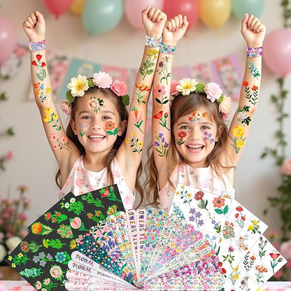 96 PCS Floral Flower Party Favors Set – 72 Pre-Cut Temporary Tattoos & 24 Slap Bracelets for Kids, Perfect for Spring Birthday Parties, Flower Festivals & Classroom Rewards