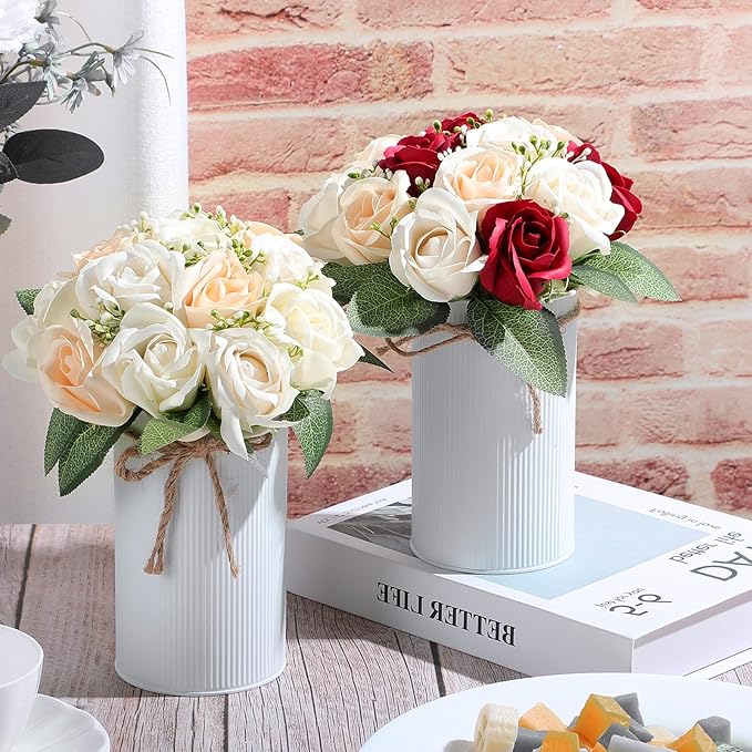 Domensi 5.91 in High Farmhouse Vase Decor Galvanized Metal Flower Vase with Twine Bow Vintage Rustic Tin Flower Buckets for Artificial Floral Table Container DIY(White,8 Pcs)