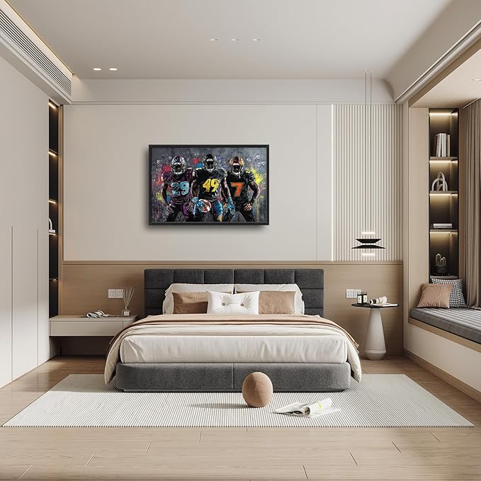 Large Football Wall Art for Living Room, Framed Oversized Graffiti Sport Wall Decor Cool Canvas Painting Pictures for Men Modern Artwork for Living Room Bathroom Bedroom Office Dining Room 36"x24"