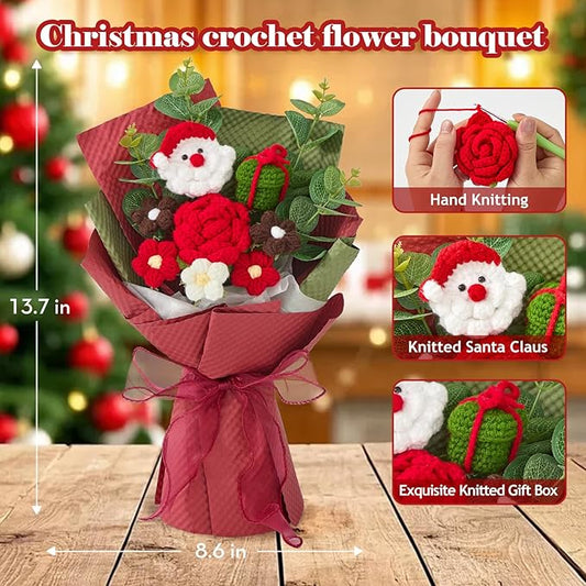 Alecono Crochet Flower Bouquet, Christmas Knitted Flowers, Red Handmade Father Christmas Santa Claus Bouquet of Flowers for Kids Festival Gifts (Include Card)