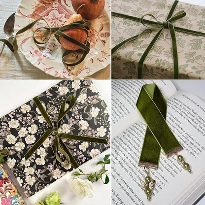 Olive Green Velvet Ribbon 3/8 Inches x 5 Yards for Gift Wrapping, Crafts, Christmas Tree, Wreath, Bow Making, Vintage Fabric DIY on The Spool
