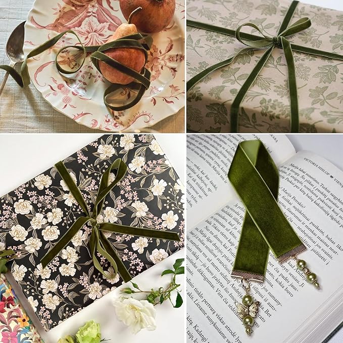 Olive Green Velvet Ribbon - 3/8 Inch x 10 Yards for Gift Wrapping, Crafts, Christmas Decor, Bow Making, Vintage Fabric