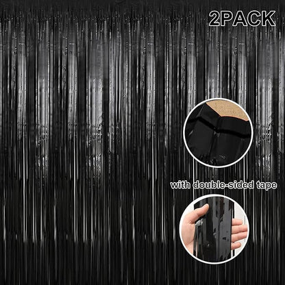 2 Pack 3.28 ft x 6.56 ft Black Tinsel Curtain Party Backdrop Decorations, Metallic Foil Fringe Backdrop Door for Halloween, Christmas, Birthday Graduation Wedding Party Streamers Photo Backdrop.