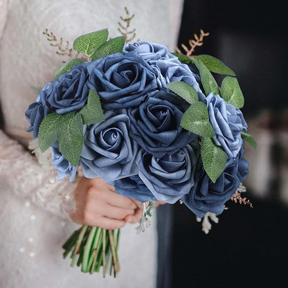100 Pieces Artificial Foam Rose Flowers Faux Bouquet with Leaves and Stems for DIY Wedding Bouquets Centerpieces Bridal Shower Party Valentine Home Decorations(Dusty Blue Shades)