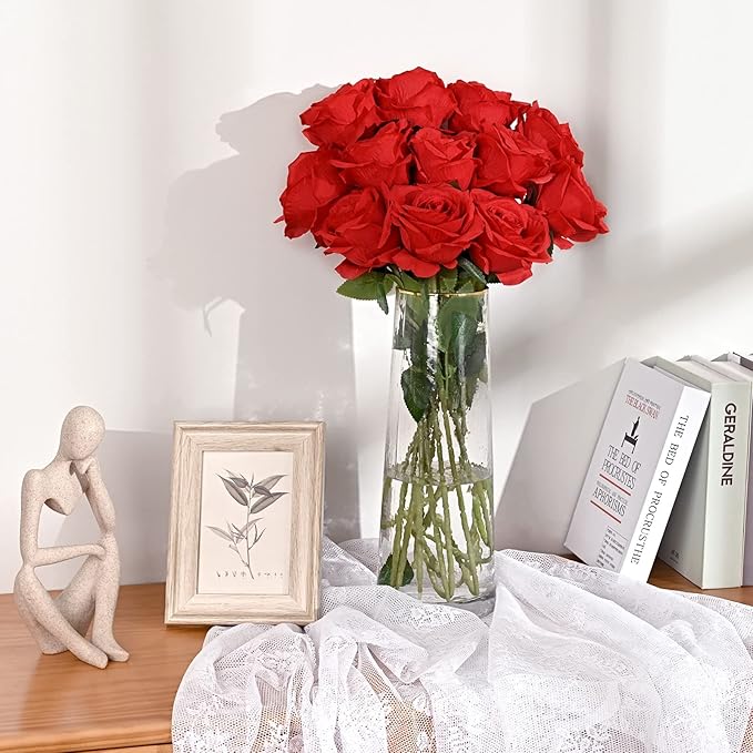 Waipfaru 16 Pcs Artificial Flowers Fake Silk Roses, Faux Real Touch Roses Bouquet with Long Stem for Wedding Party Home Decor (Red)