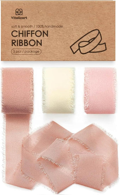Vitalizart Pink & White Chiffon Silk Ribbon 1" x 21 Yd Fringe Fabric Package (3 Rolls * 7 Yd) for Wedding Invitations Bridal Bouquets Decorations Gifts Wrapping & Bow Making