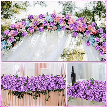 80 Pcs Roses Artificial Flowers, Silk Purple Artificial Flowers Petals Long Stem Roses for Wedding Bouquet Home Party Decor