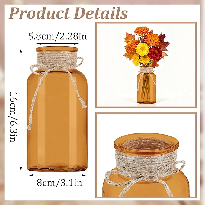 Vintage Glass Flower Vase，6 Pack Farmhouse Amber Gold Glass Centerpiece Vases Mason Jars for Christmas Weddings, Parties & Home Decor Bulk (6, Amber)